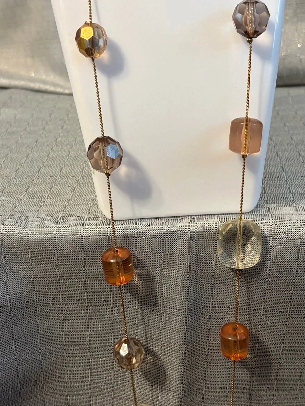 Elegant Long Beaded Necklace in Champagne and Clear Glass Beads